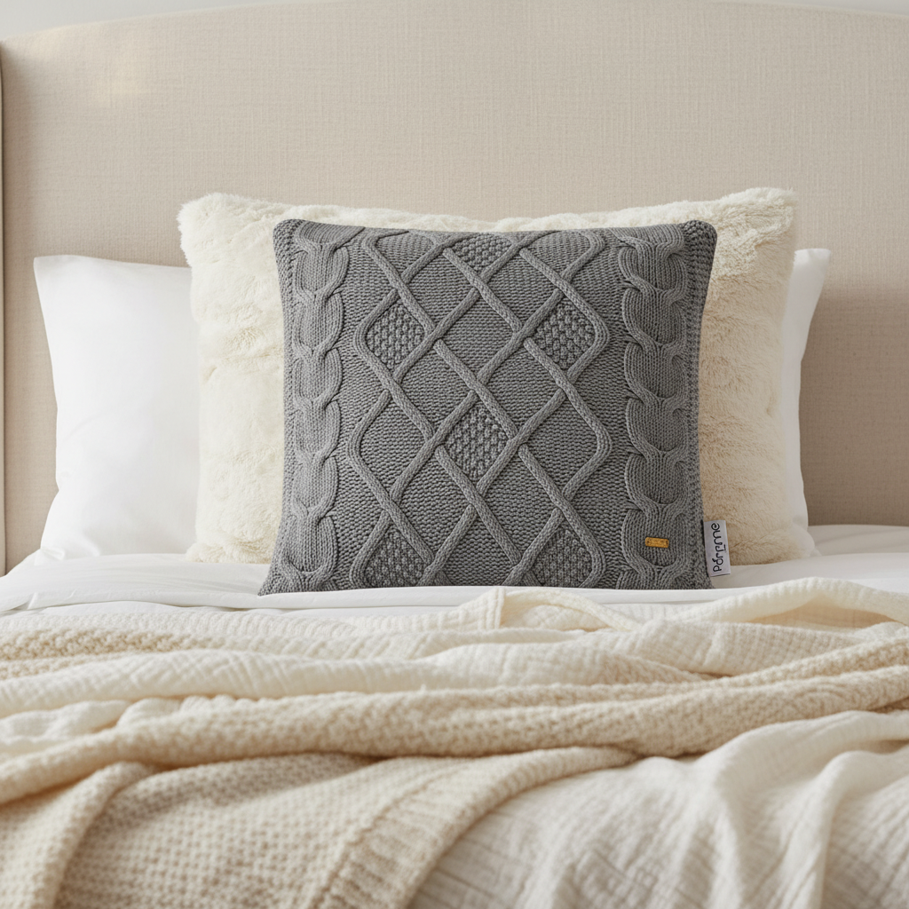 pomme Cotton Knitted Decorative Cushion Cover Grey melange Cable Texture Knit