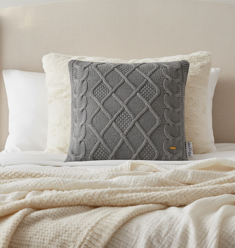 pomme Cotton Knitted Decorative Cushion Cover Grey melange Cable Texture Knit