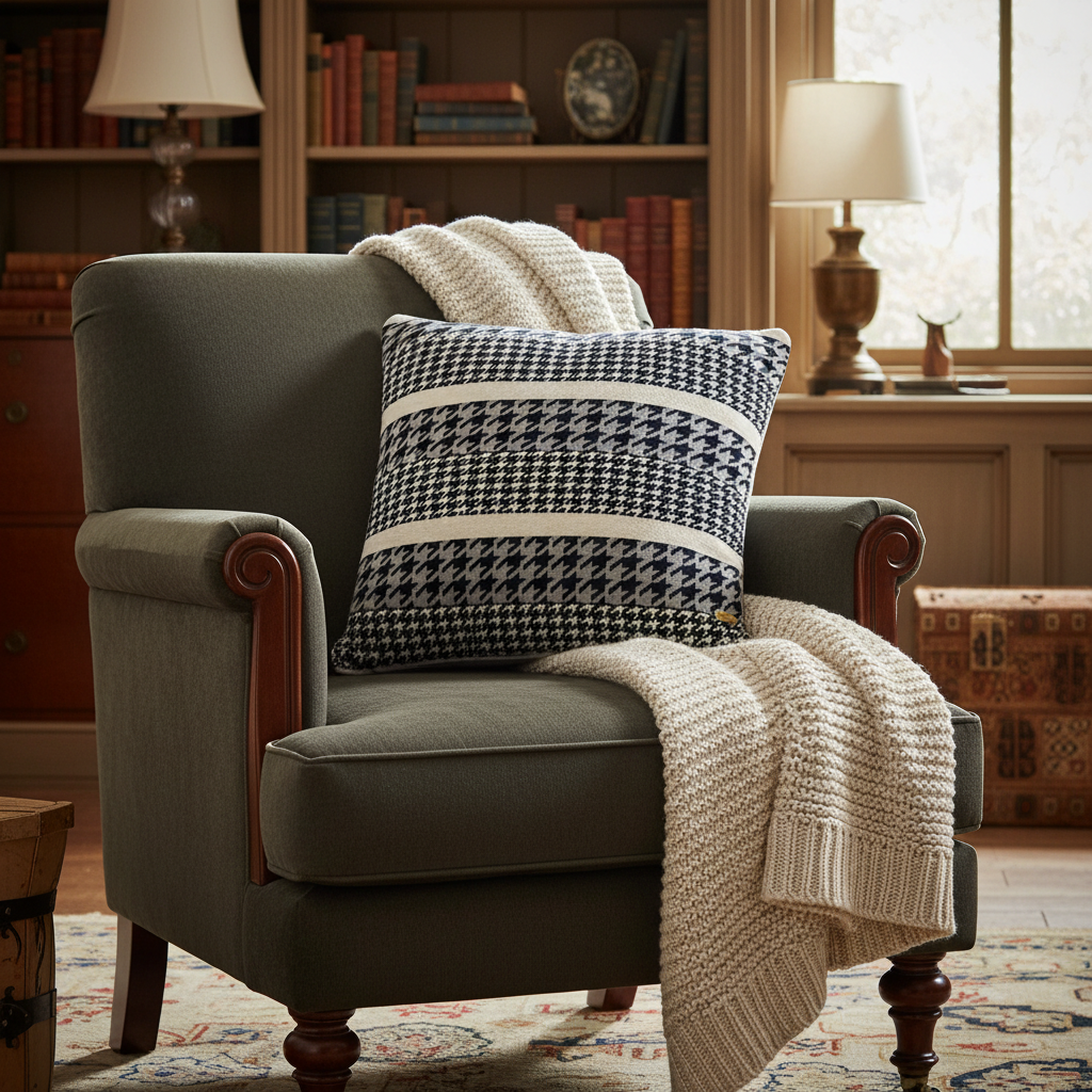 Pomme Cotton Knitted Houndstooth Decorative Cushion Cover (Navy & Ivory)