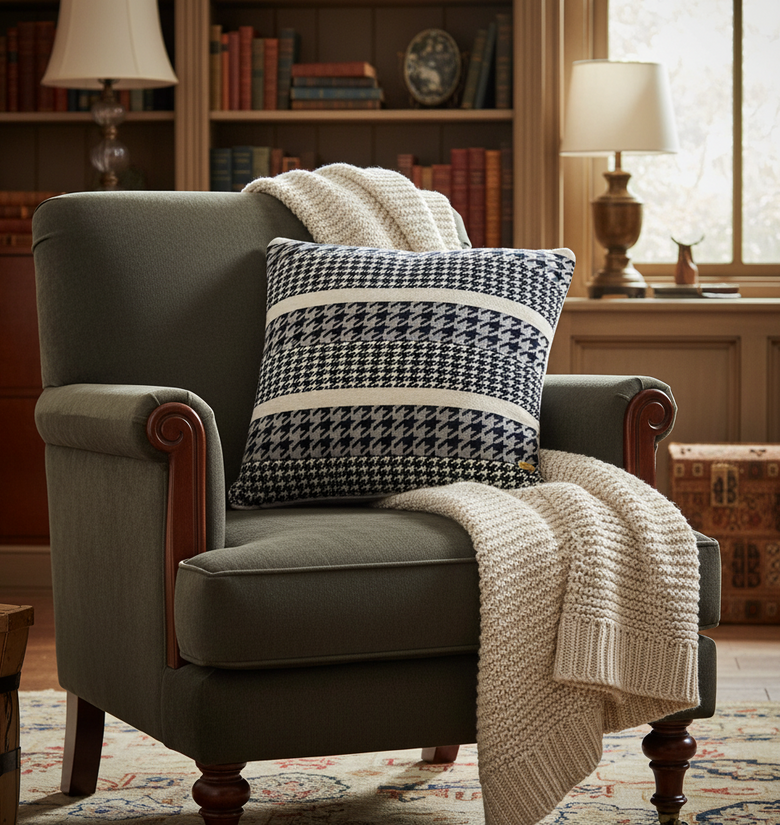 Pomme Cotton Knitted Houndstooth Decorative Cushion Cover (Navy & Ivory)
