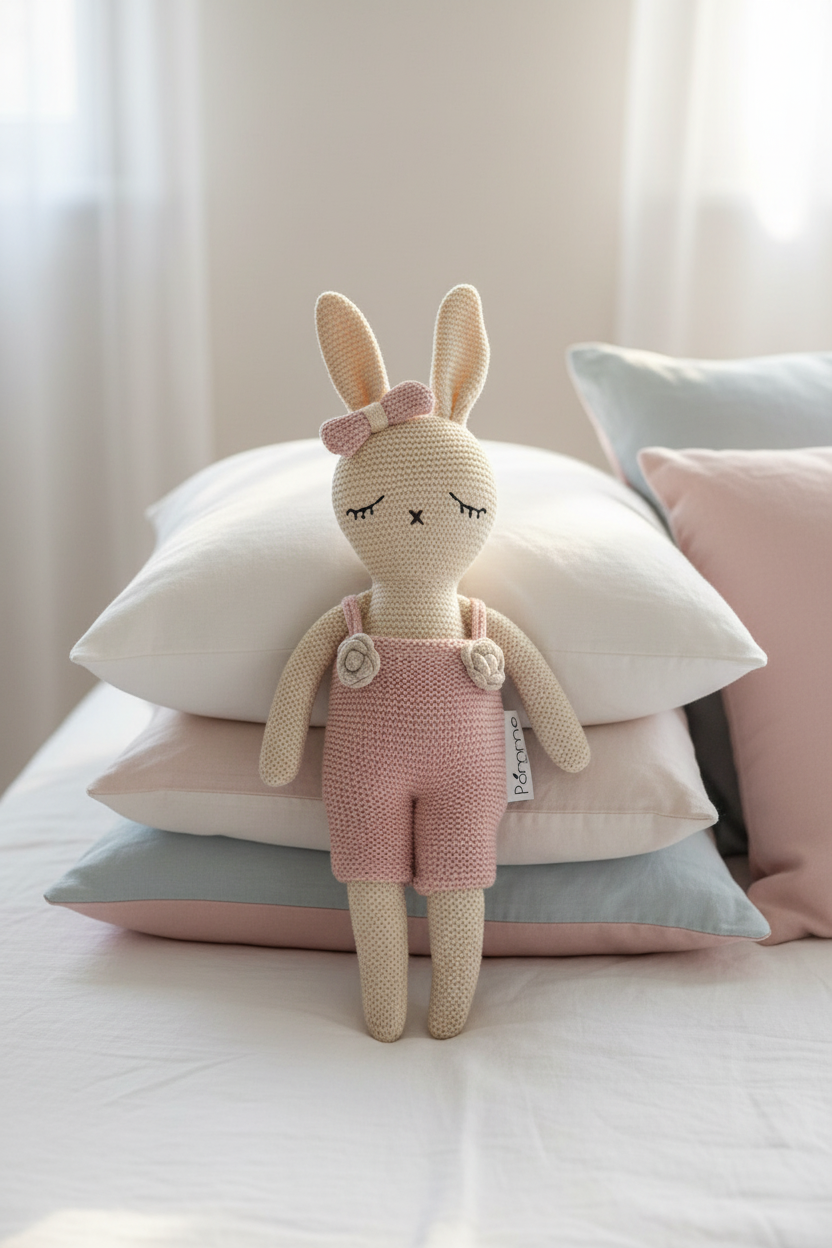 Pomme Soft Knitted Bunny Shy Doll with Dress (Ivory & Blush)