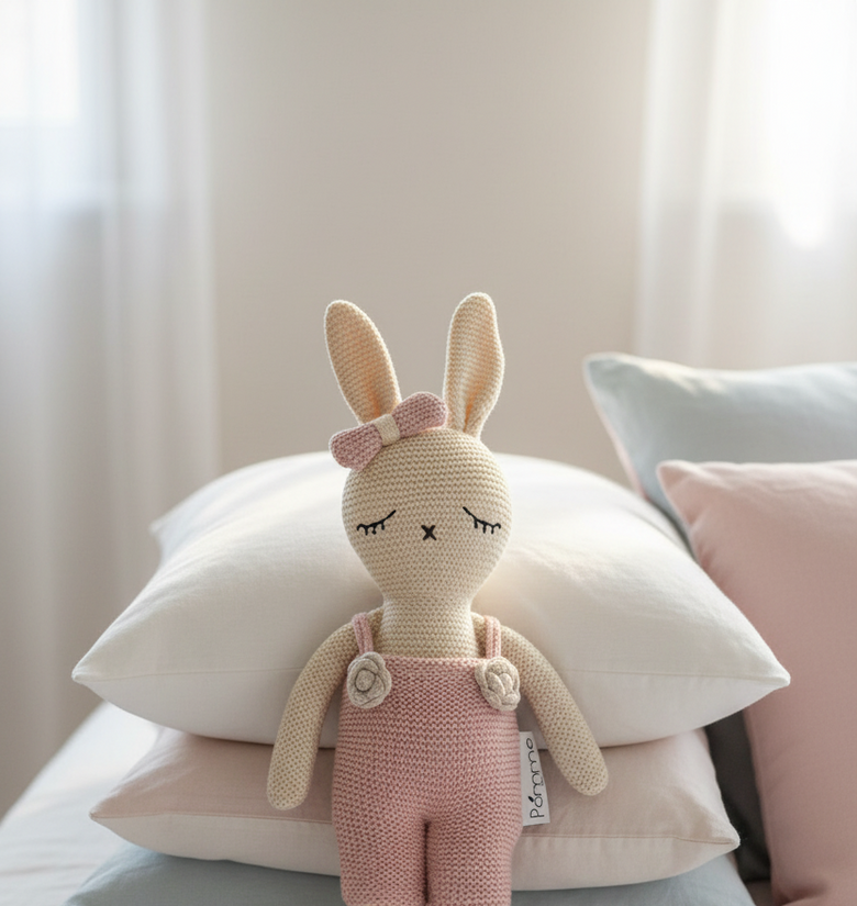Pomme Soft Knitted Bunny Shy Doll with Dress (Ivory & Blush)
