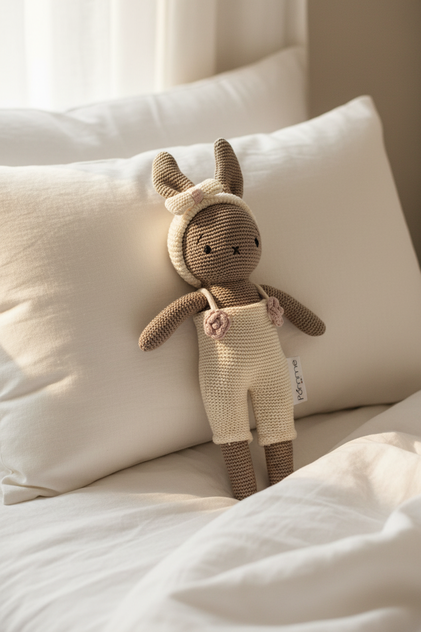Pomme Soft Knitted Bunny Doll With Dress (Ivory & Beige)