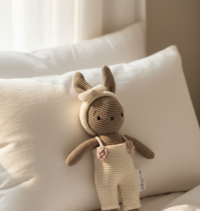 Pomme Soft Knitted Bunny Doll With Dress (Ivory & Beige)