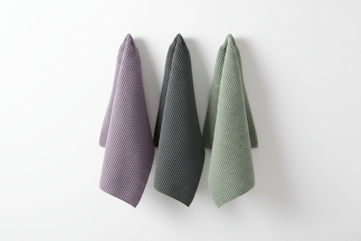Pomme Pebble Knit Dish Towels (Light Purple / Light Green / Dark Green)