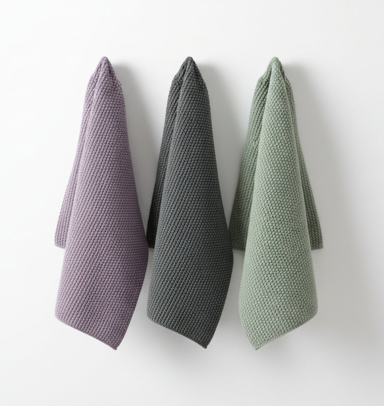 Pomme Pebble Knit Dish Towels (Light Purple / Light Green / Dark Green)