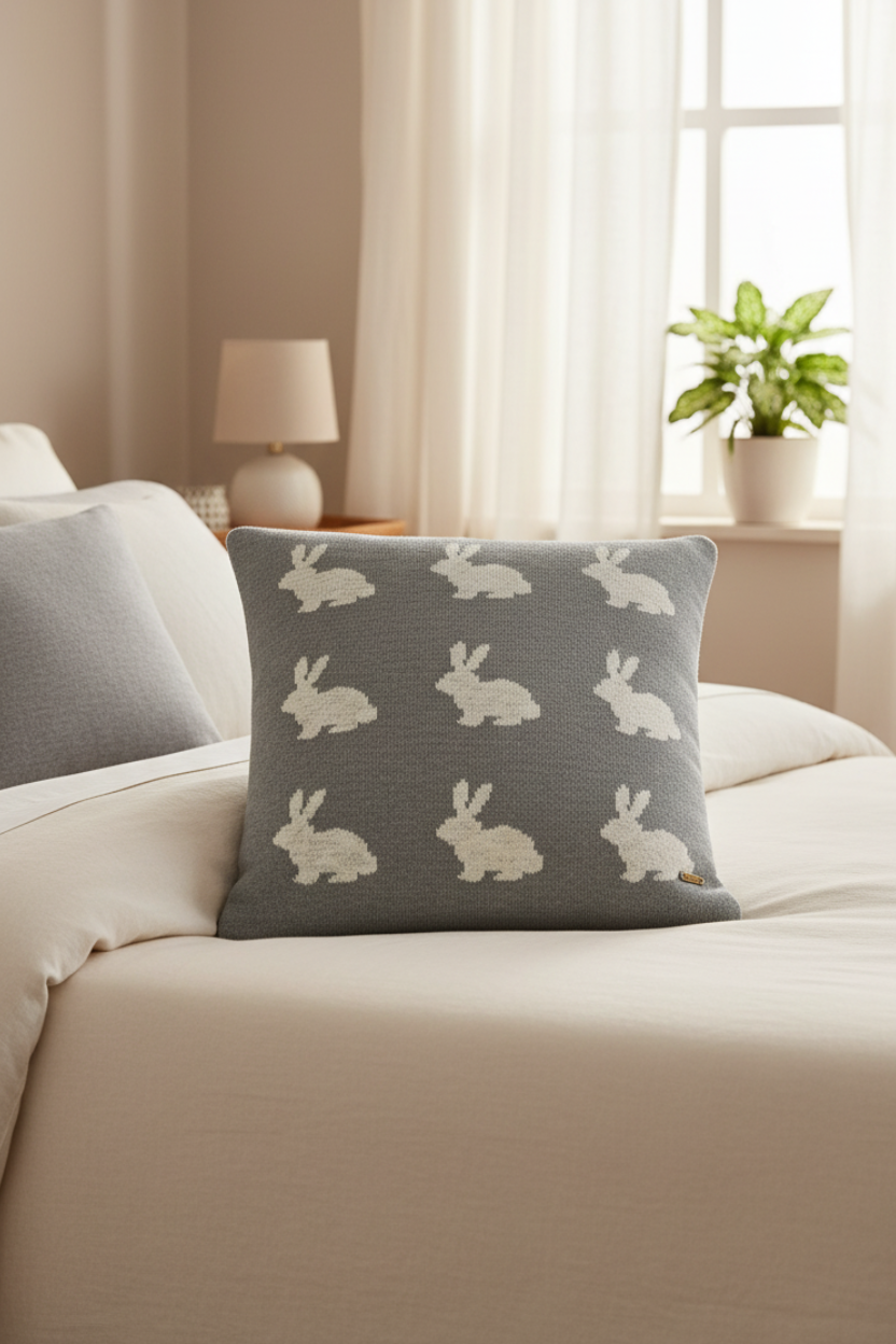 Pomme Cotton Knitted Rabbit Cushion Cover (Grey & Ivory)