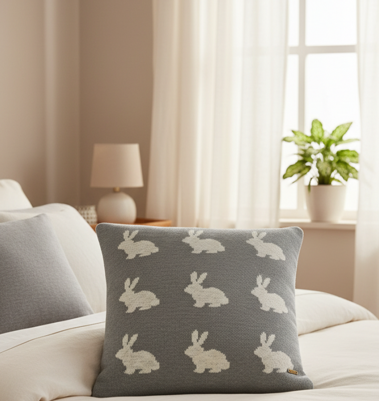 Pomme Cotton Knitted Rabbit Cushion Cover (Grey & Ivory)