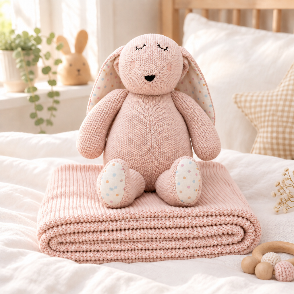 Pomme Cotton Knitted Bunny Gift Set Candy Pink