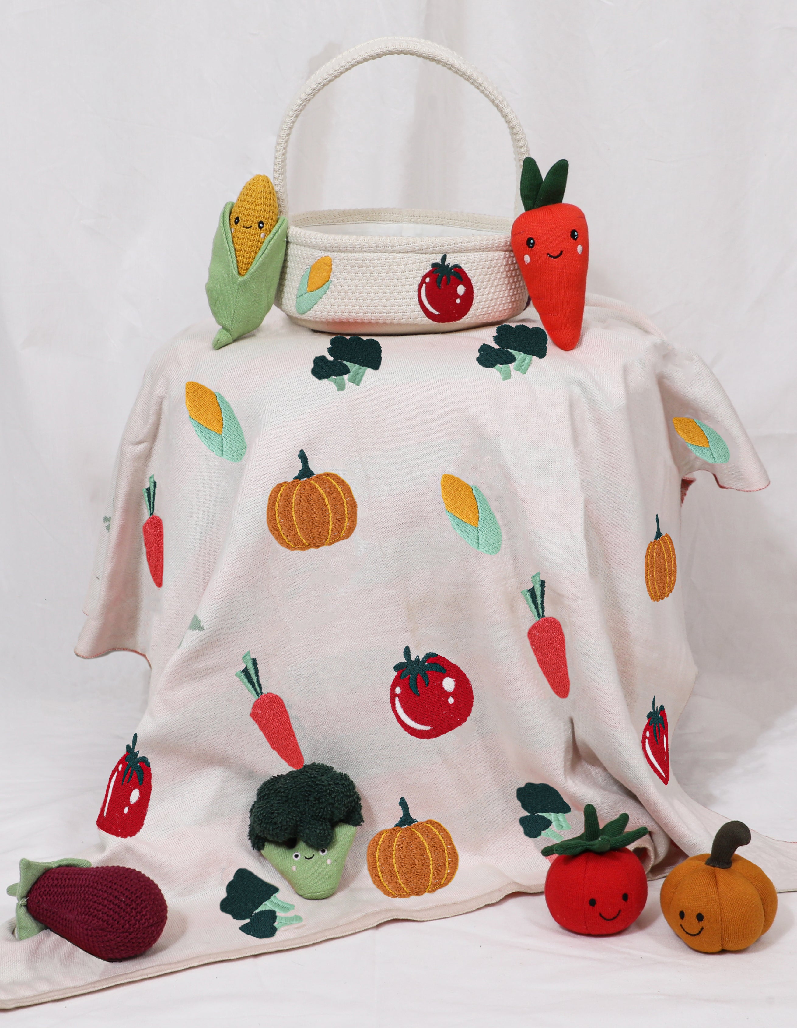 Knitted Vegetable Gift Set Ivory Blood Red Neon Orange Lime Green