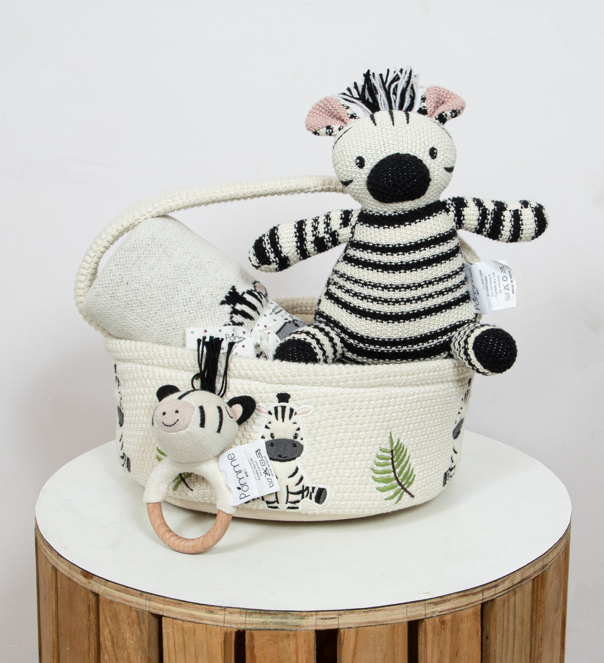 Pomme Cotton Knitted Zebra Gift Basket Set