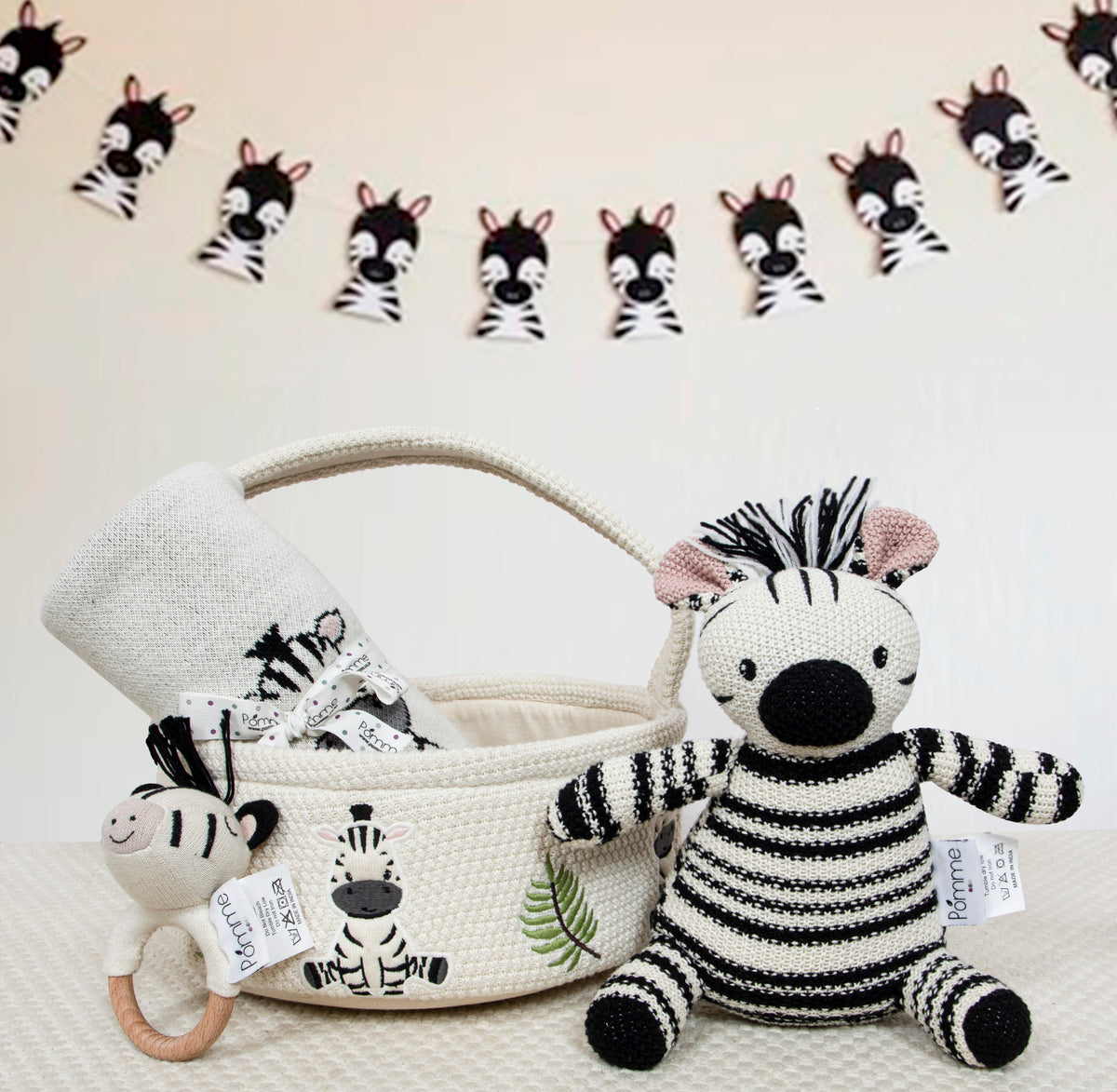 Pomme Cotton Knitted Zebra Gift Basket Set