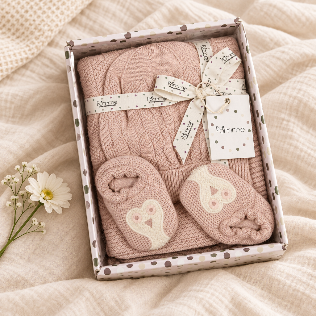 Pomme Cotton Knitted Baby Owl Gift Set (Pink)