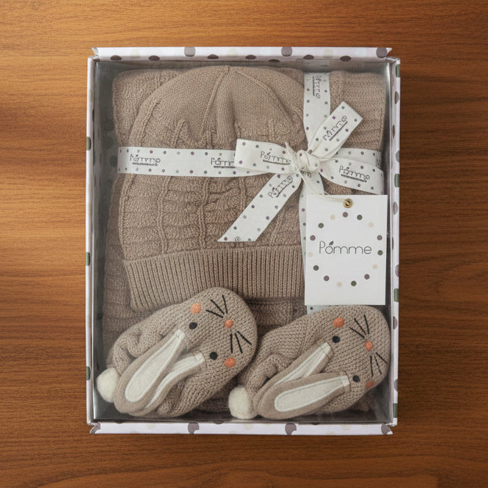Pomme Cotton Knitted Baby Bunny Gift Set (Ivory, Lt. Khaki)