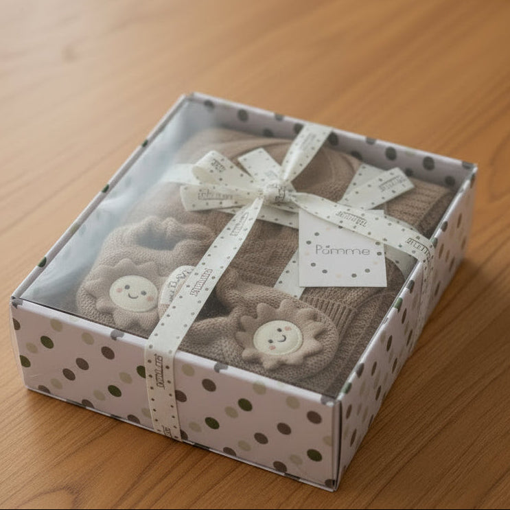 A gift box containing a pair of baby booties in a soft taupe-brown color, decorated with embroidered smiley faces and small flower appliqués. The booties are presented in a clear-lidded gift box with a white and brown polka dot patterned box, tied with a white ribbon printed with musical notes and a small card that reads 'Pomme'.
