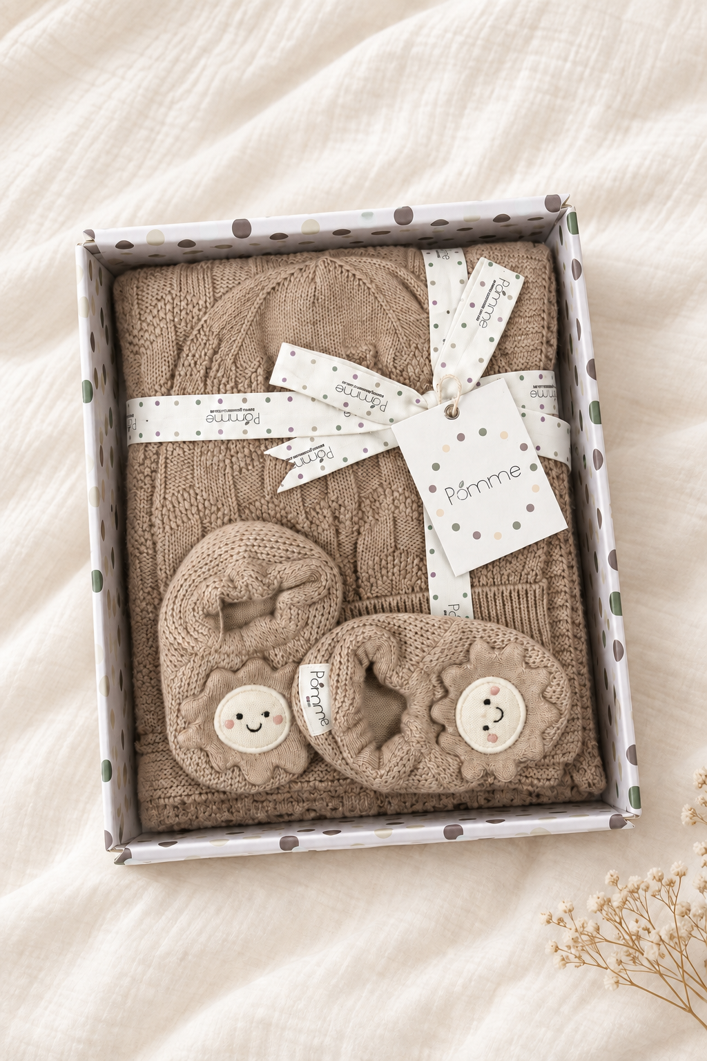 Pomme Cotton Knitted Baby Sunflower Gift Set Ivory Lt. Khaki
