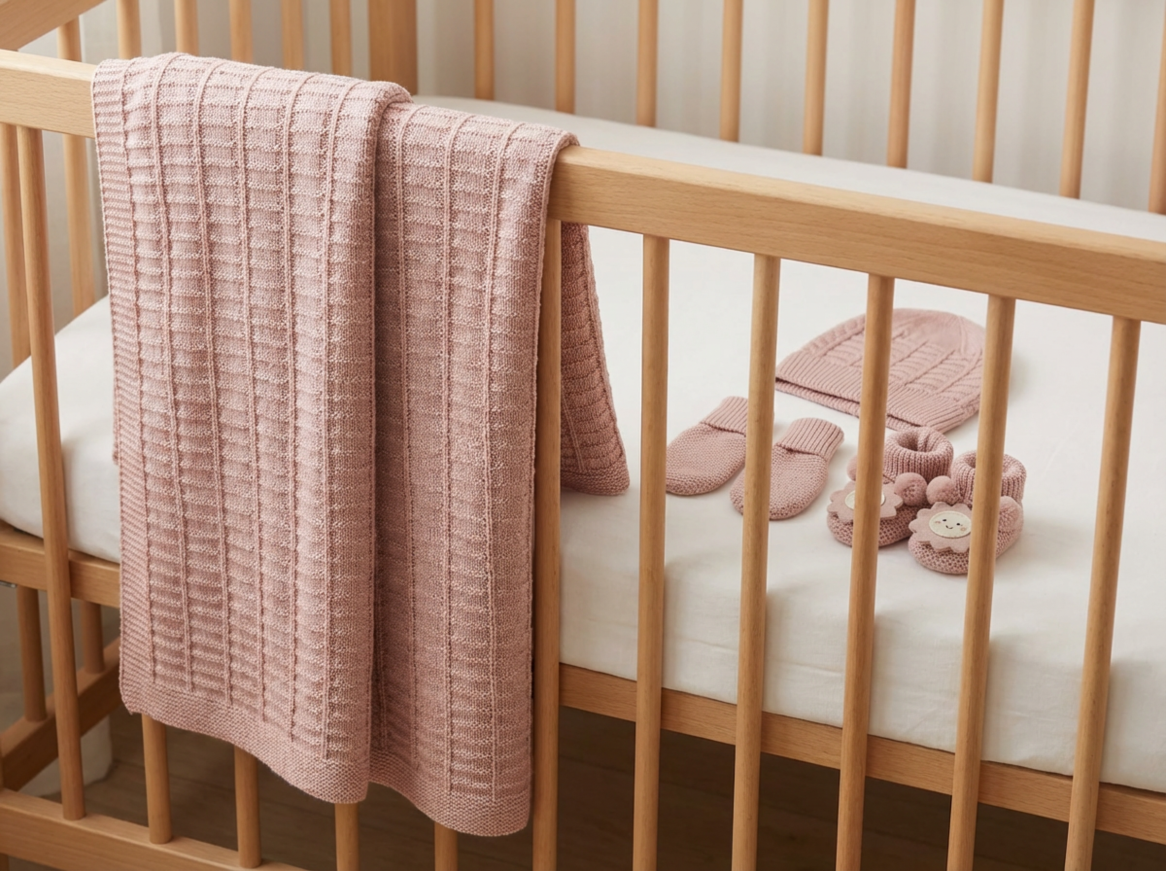 Wooden crib with pink textured blanket and baby shoes on a white background
