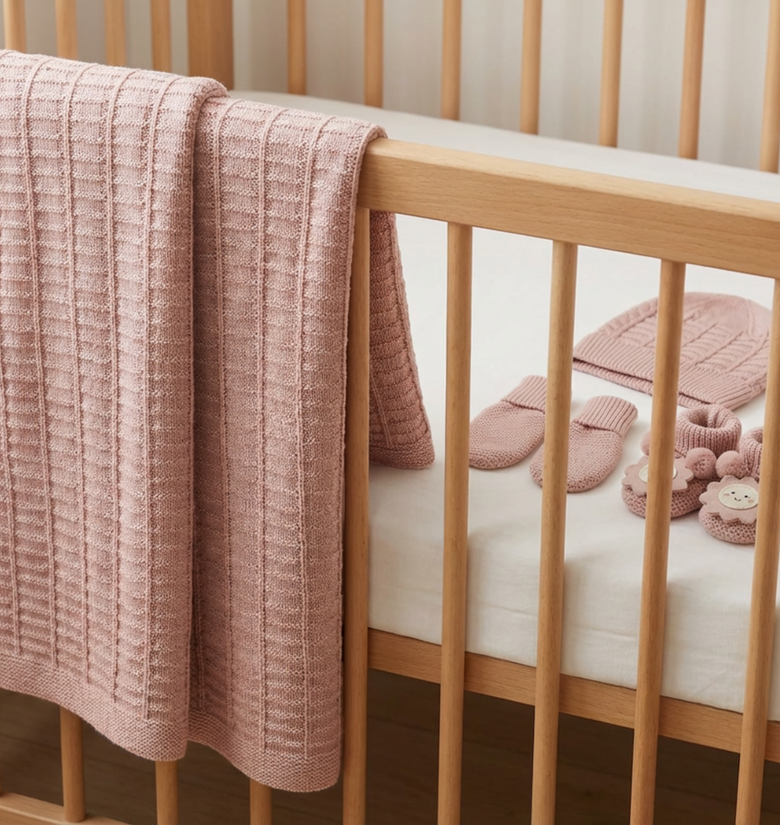 Wooden crib with pink textured blanket and baby shoes on a white background