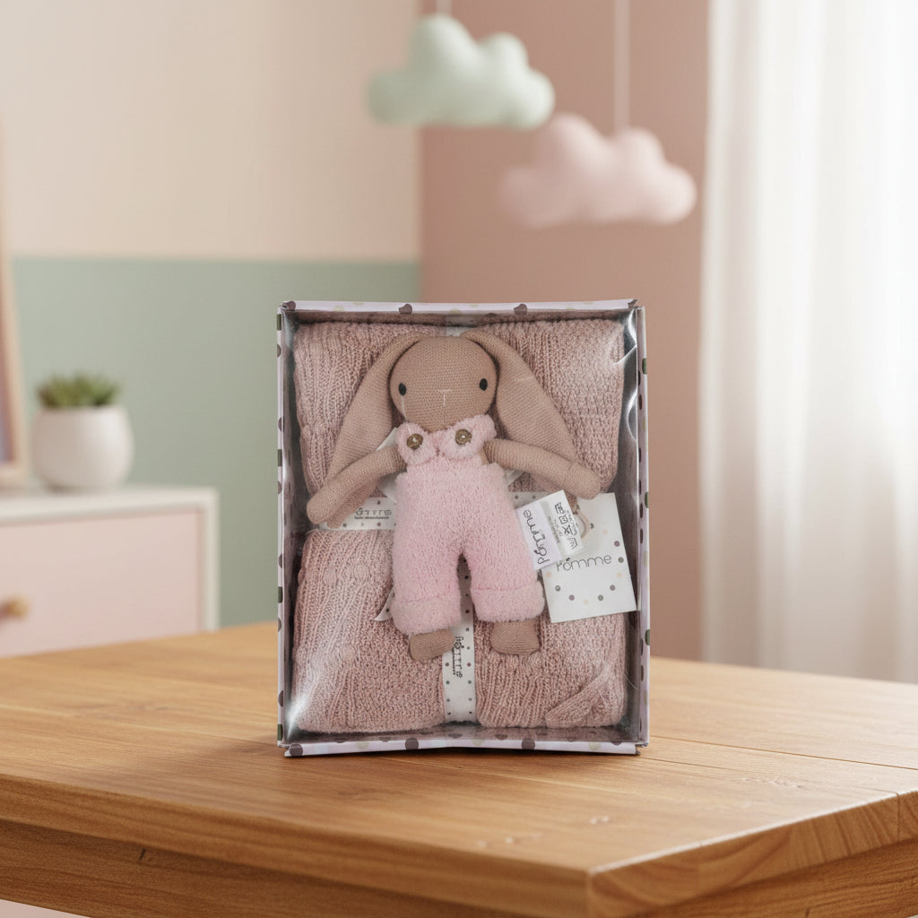 Pomme Cotton Knitted Baby Bunny Doll Gift Set (Pale Whisper, Vert Pink, Parfait Pink)