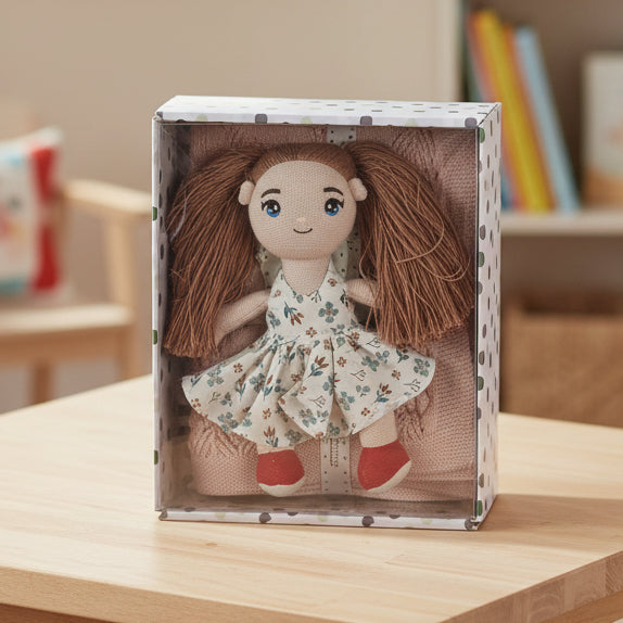 Toy doll with long brown hair and a floral dress in a box