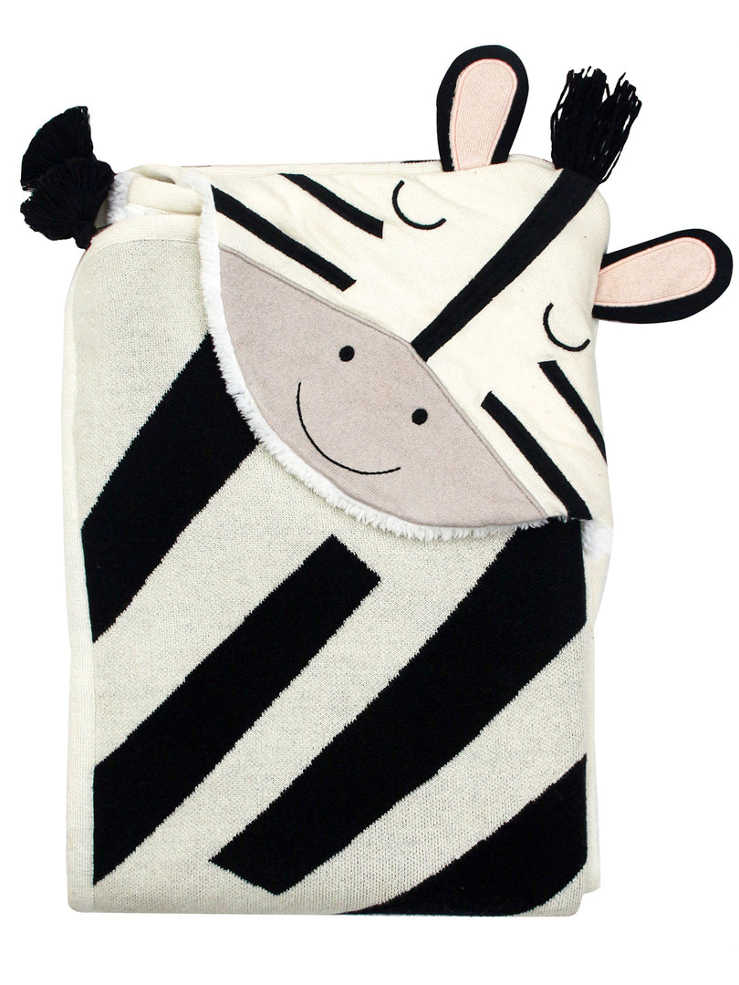 Knitted Hooded Blanket Zebra Design with Sherpa Inside