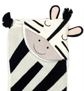 Knitted Hooded Blanket Zebra Design with Sherpa Inside