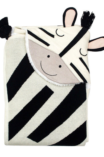 Knitted Hooded Blanket Zebra Design with Sherpa Inside
