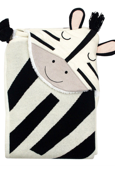 Knitted Hooded Blanket Zebra Design with Sherpa Inside