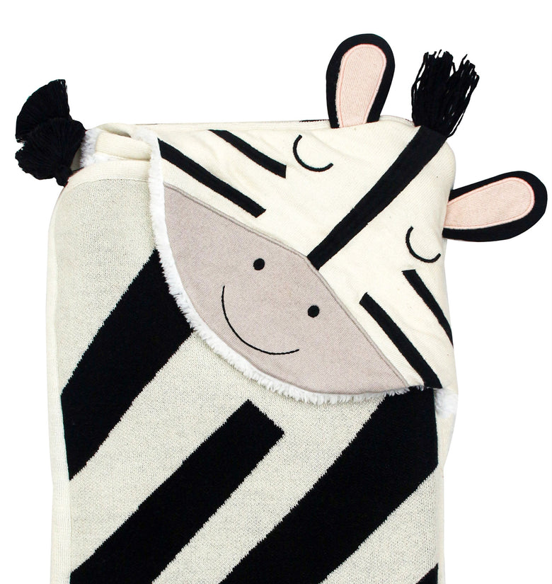 Knitted Hooded Blanket Zebra Design with Sherpa Inside