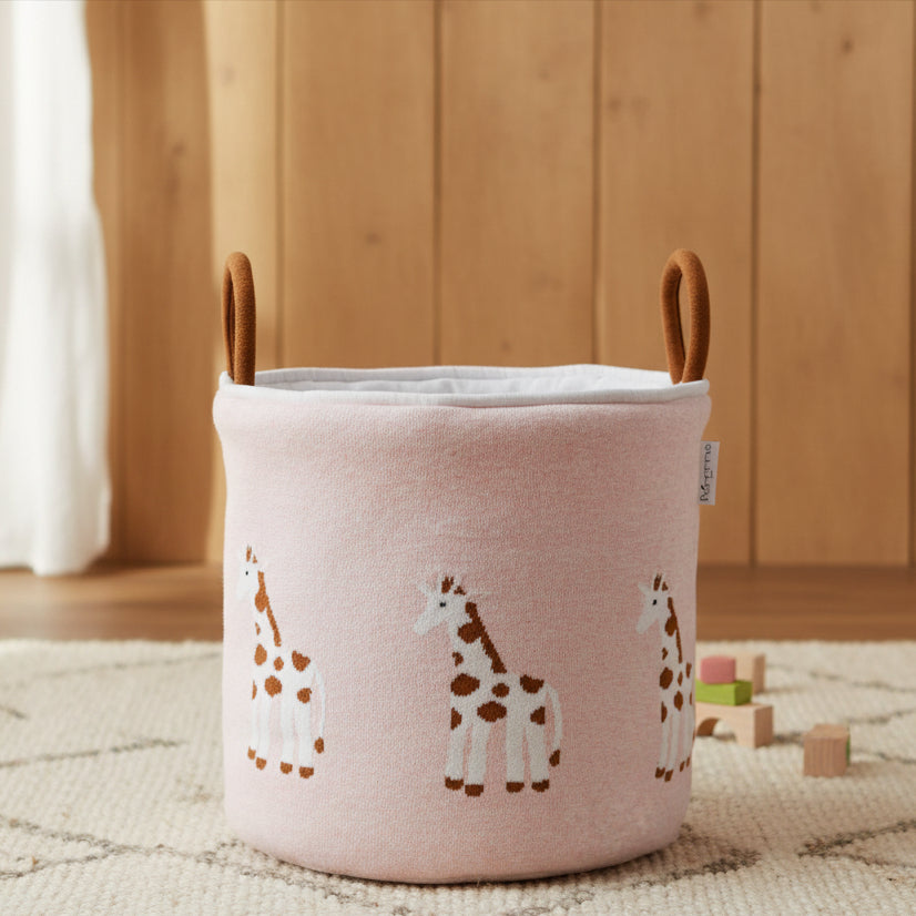 Pomme Cotton Knitted Baby Giraffe Storage Basket (Soft Pink)