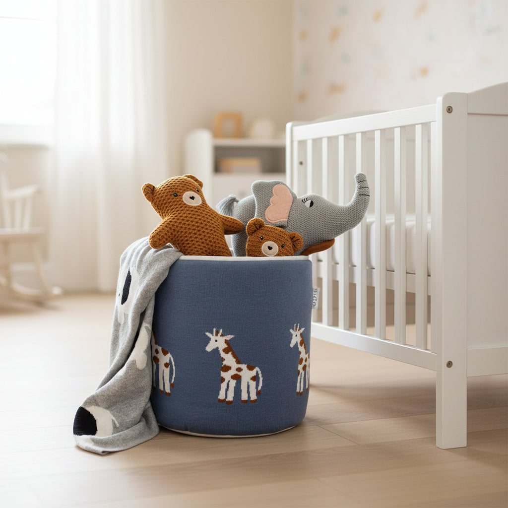 Pomme Cotton Knitted Baby Giraffe Storage Basket (Soft Blue)