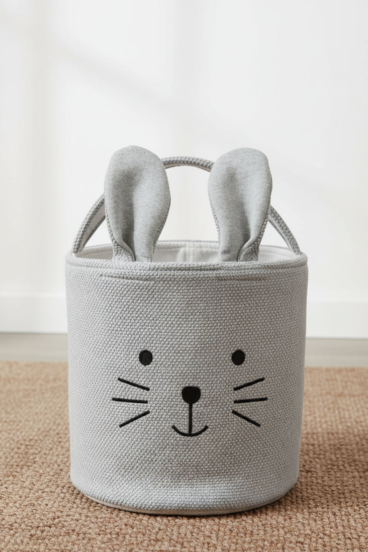 Pomme Cotton Knitted Grey Smiling Rabbit Storage Basket