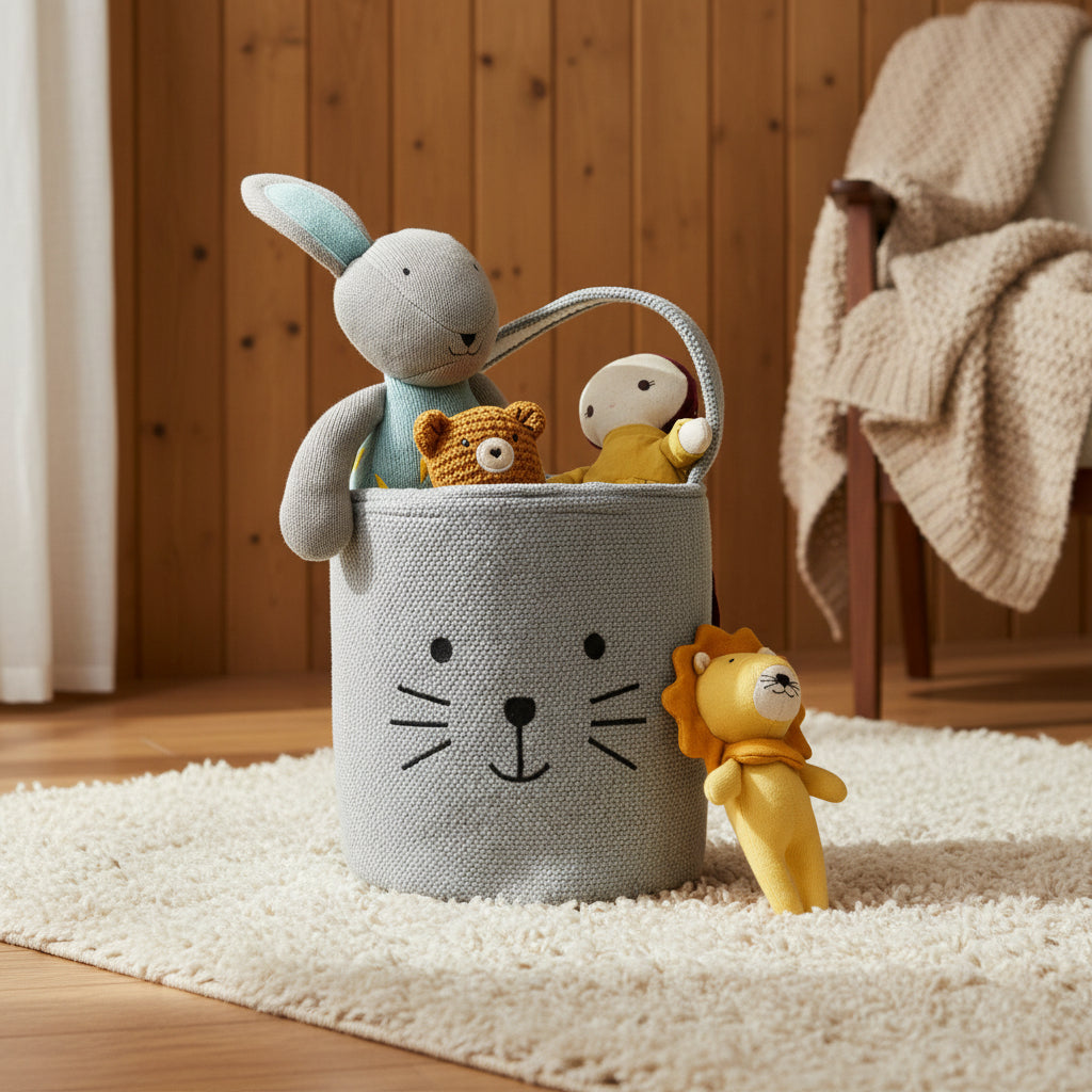 Pomme Cotton Knitted Grey Smiling Rabbit Storage Basket