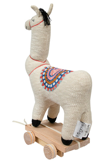 Knitted Soft Toy Ivory Lama On Wooden Cart