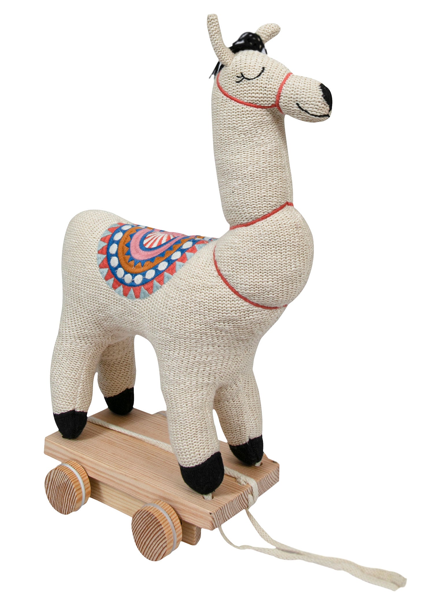 Knitted Soft Toy Ivory Lama On Wooden Cart