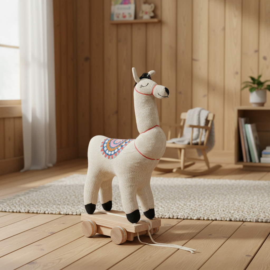 Pomme Soft Knitted Llama With Wooden Cart