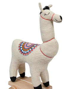 Knitted Soft Toy Ivory Lama On Wooden Cart