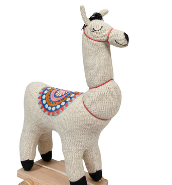 Knitted Soft Toy Ivory Lama On Wooden Cart