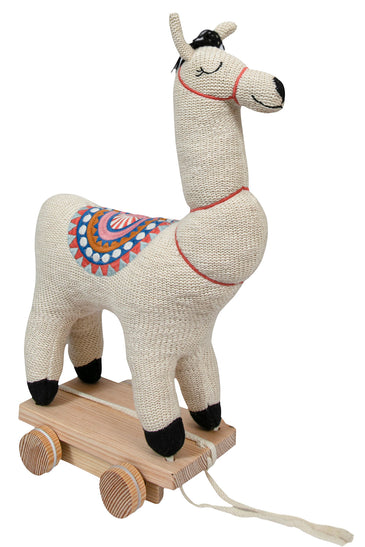 Knitted Soft Toy Ivory Lama On Wooden Cart