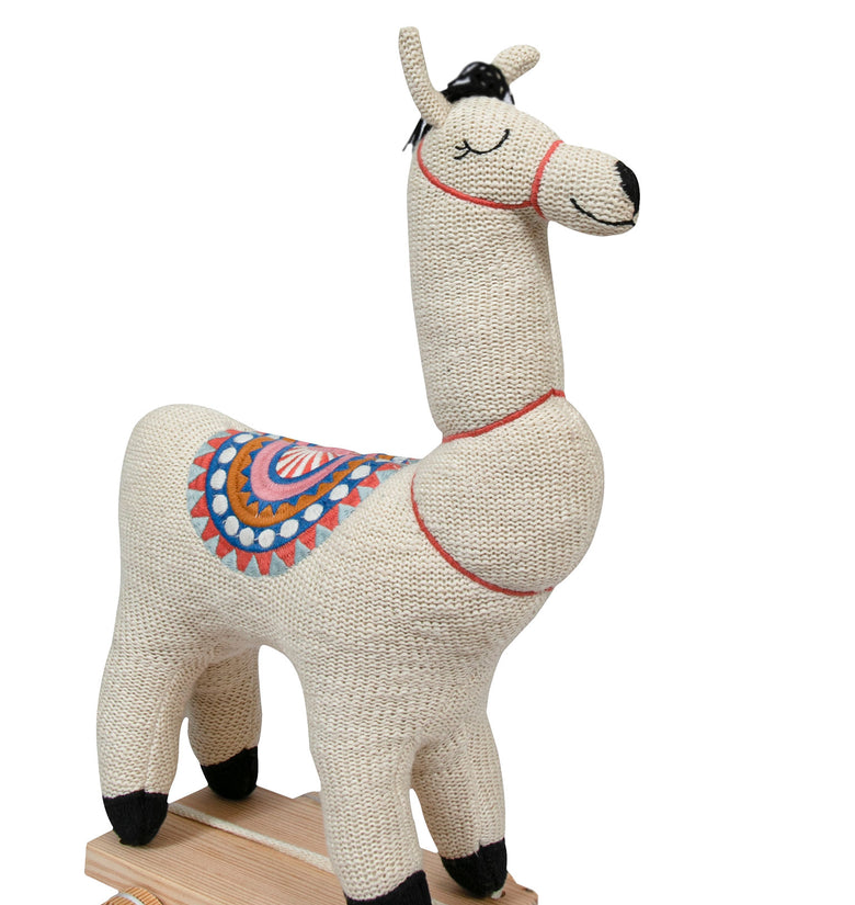 Knitted Soft Toy Ivory Lama On Wooden Cart