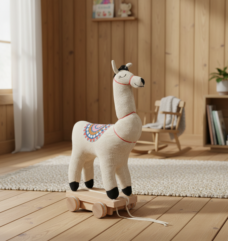 Pomme Soft Knitted Llama With Wooden Cart
