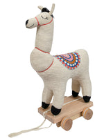 Load image into Gallery viewer, Knitted Soft Toy Ivory Lama On Wooden Cart