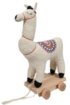 Knitted Soft Toy Ivory Lama On Wooden Cart