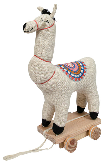 Knitted Soft Toy Ivory Lama On Wooden Cart