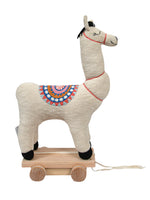 Load image into Gallery viewer, Knitted Soft Toy Ivory Lama On Wooden Cart