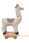 Knitted Soft Toy Ivory Lama On Wooden Cart