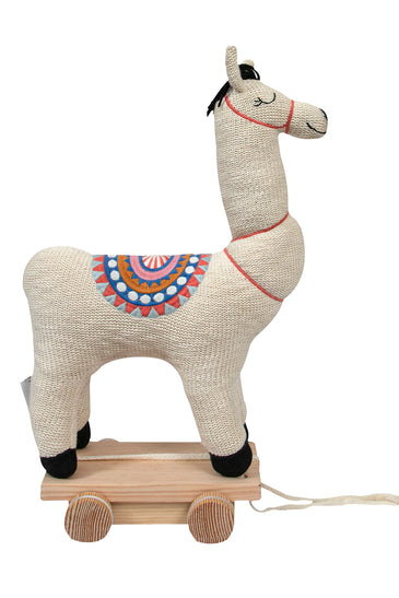 Knitted Soft Toy Ivory Lama On Wooden Cart