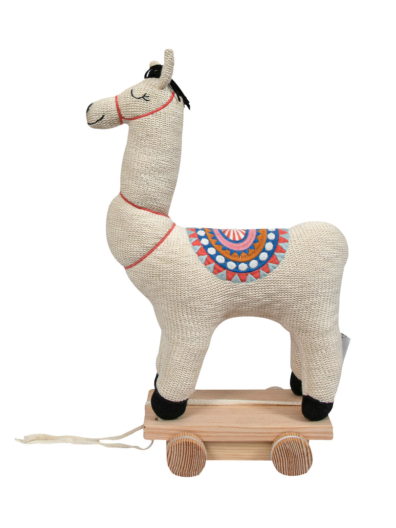 Knitted Soft Toy Ivory Lama On Wooden Cart