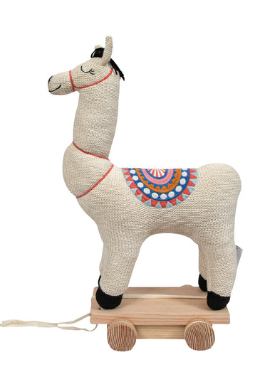 Knitted Soft Toy Ivory Lama On Wooden Cart