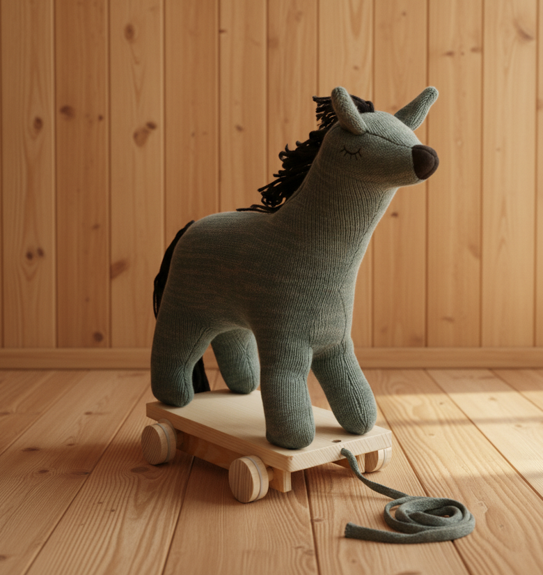 Pomme Soft Knitted Horse With Wooden Cart